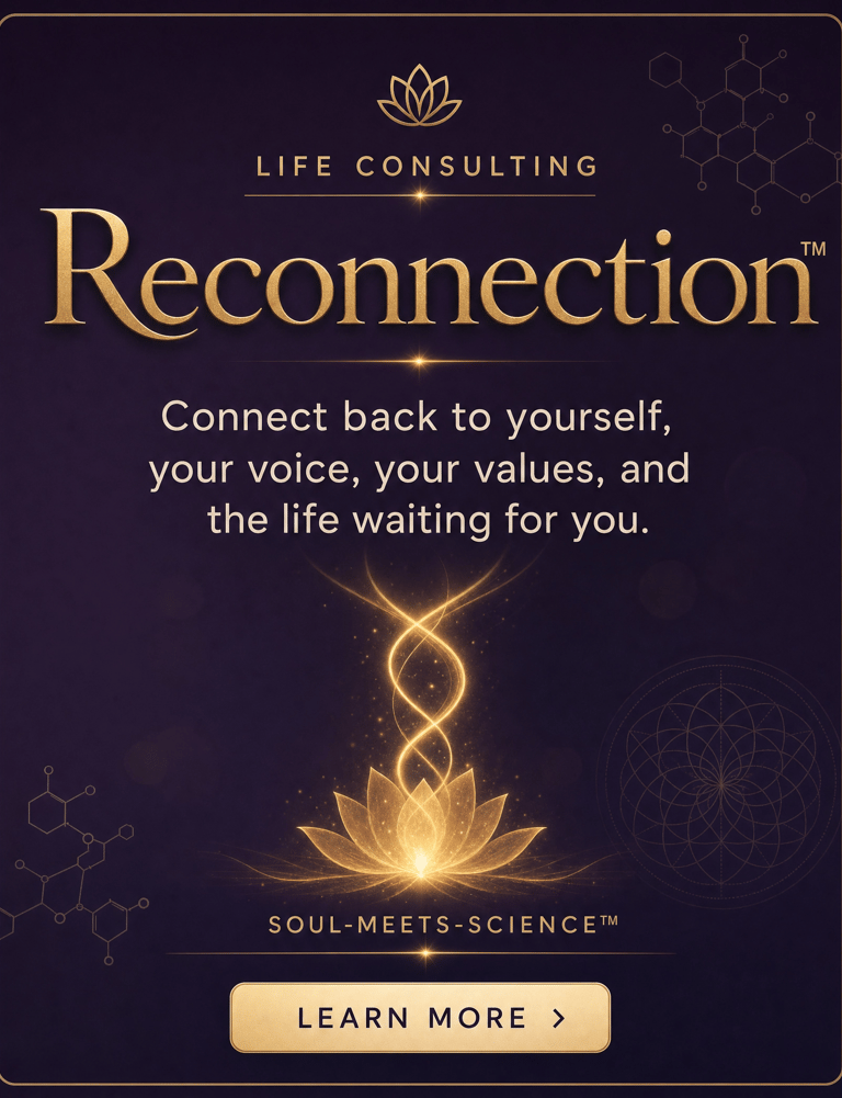 Reconnection life consulting featuring a glowing lotus flower and DNA spiral for soul meets science coaching.