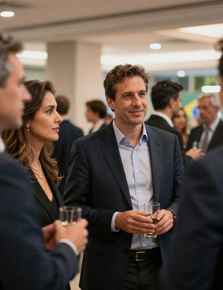 Candid shot of people networking at a high-end corporate gala, soft bokeh, professional attire, elegant lighting in a modern Brazilian venue.