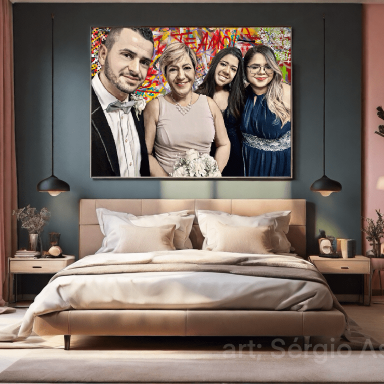 quarto com um grande quadro retratando todos os membros da família em um retrato art