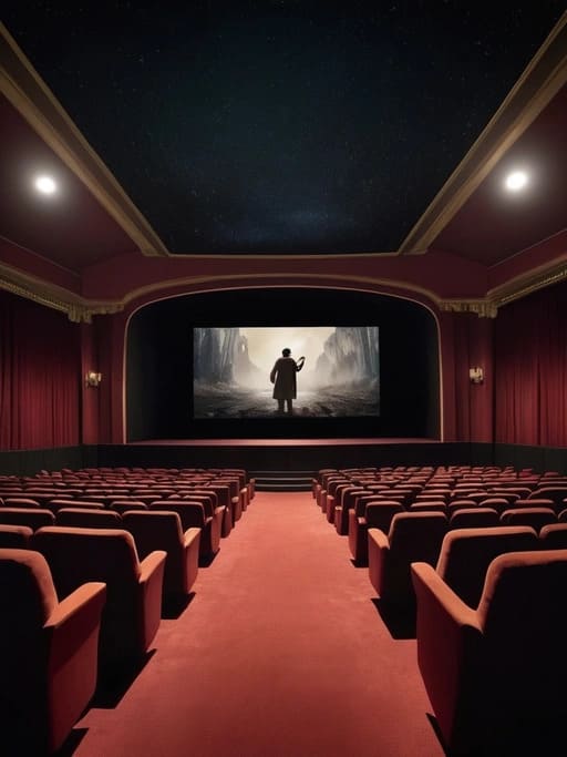 Tela de cinema exibindo uma cena dramática, com público assistindo em uma sala escura, representando