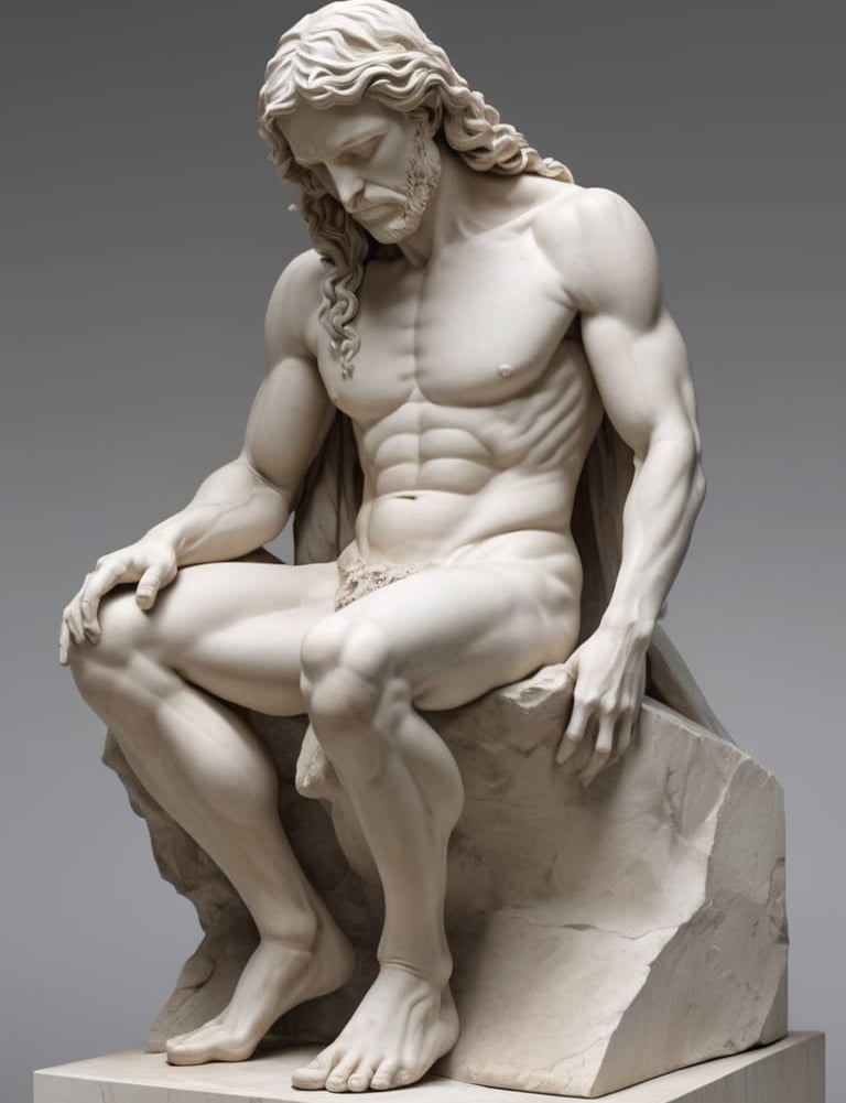 Escultura em mármore de uma figura humana, exemplificando o detalhamento tridimensional característi