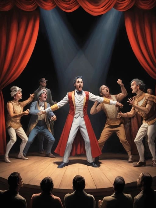 Atores em uma cena de teatro, performando no palco com figurinos de época, ilustrando o poder expres