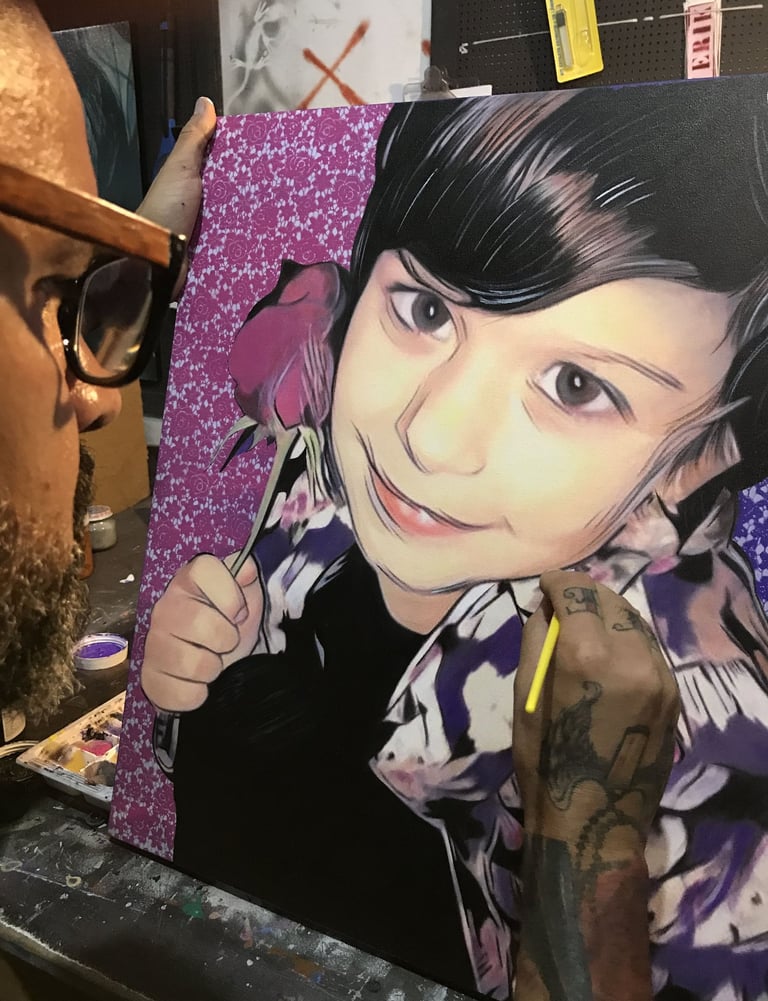 Pintura de rosto em quadro, destacando a técnica detalhada de sombreamento e cor.