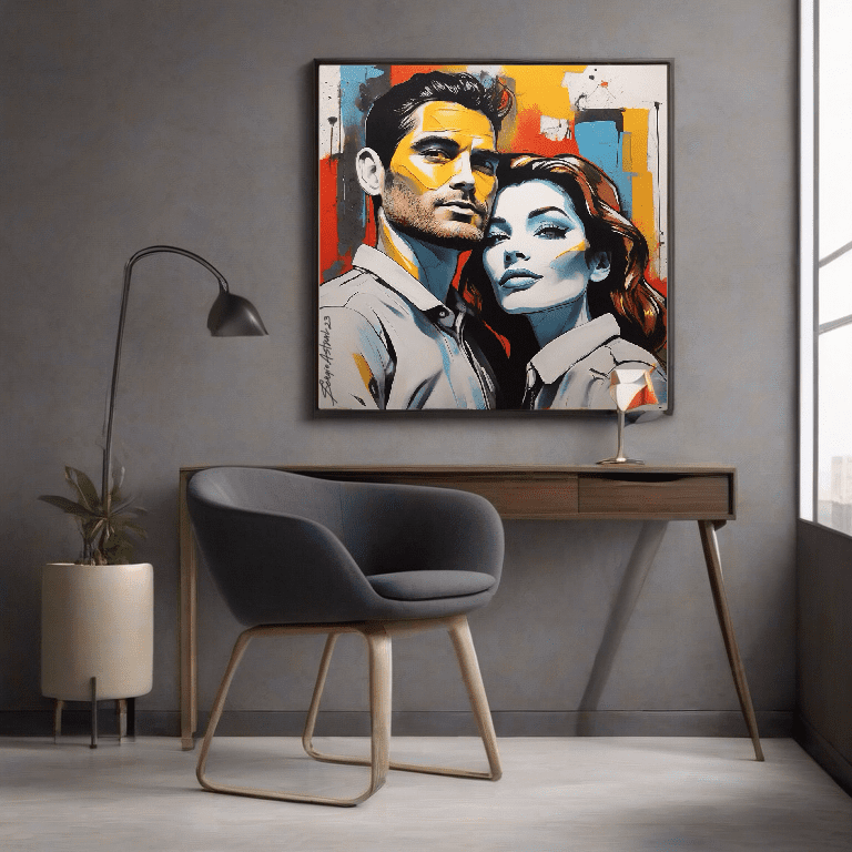 Quarto de casal com quadro romântico personalizado, capturando um momento especial do casal