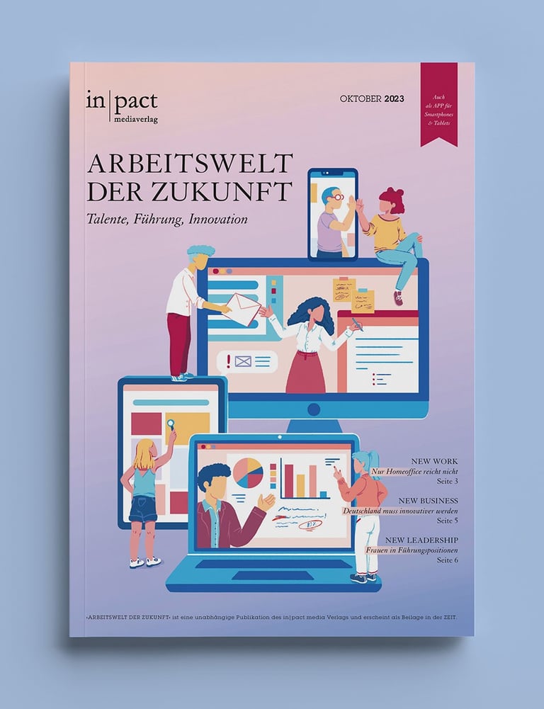 a magazine cover with people working on laptops, smartphones and tablets