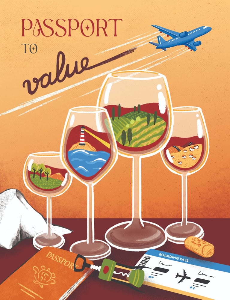 4 wine glasses on a table containing different landscapes