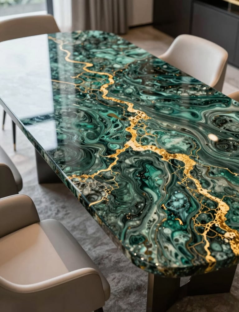 A luxurious dining room in an International / Global penthouse featuring a statement resin dining table with Deep Green and gold marbling.