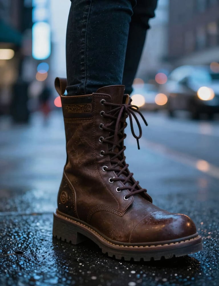 A detailed close-up of a designer boot stepping onto a city street, reflecting the soft blue neon lights of a North American / US metropolis at night.