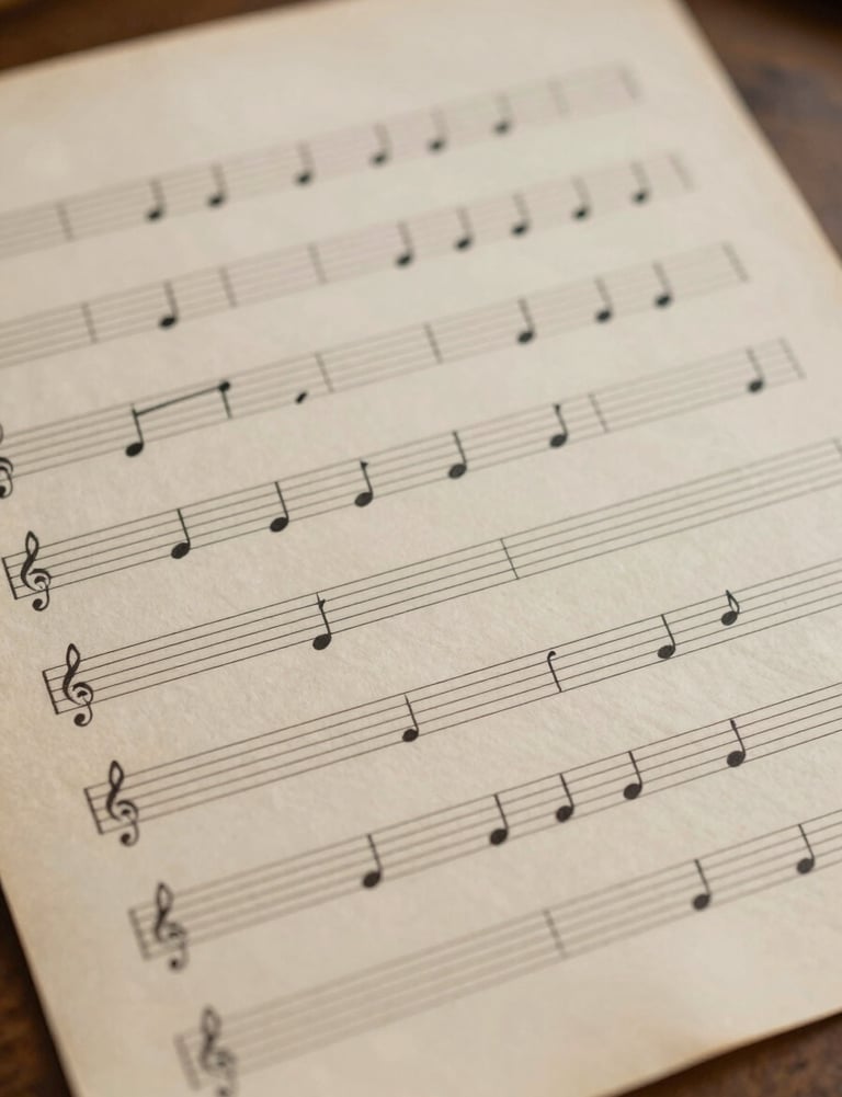Handwritten musical sheet notes on aged paper, warm soft almond lighting, intimate and creative atmosphere.