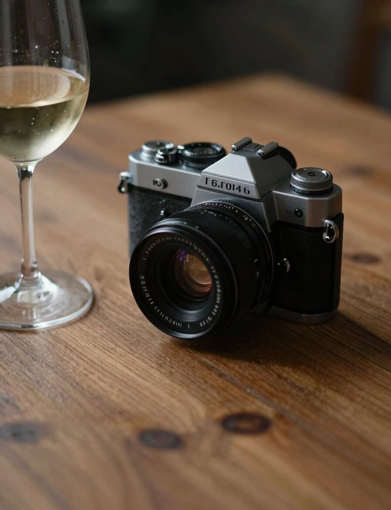 A detailed shot of a vintage camera resting on a wooden table next to a glass of wine. The lighting is low and moody, focusing on the textures and the #6F604F wood tones.