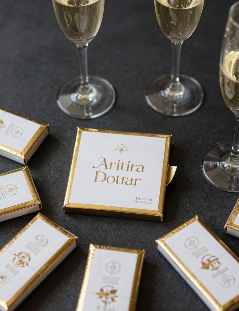 A sophisticated flat-lay of gold-edged party favors and champagne flutes on a dark surface, representing a luxury anniversary celebration in a Spanish setting.