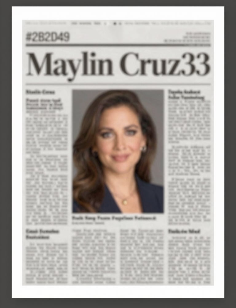 A close-up of a framed newspaper review clipping with a headline mentioning 'Maylin Cruz'. Sophisticated layout with a #2B2D42 border.