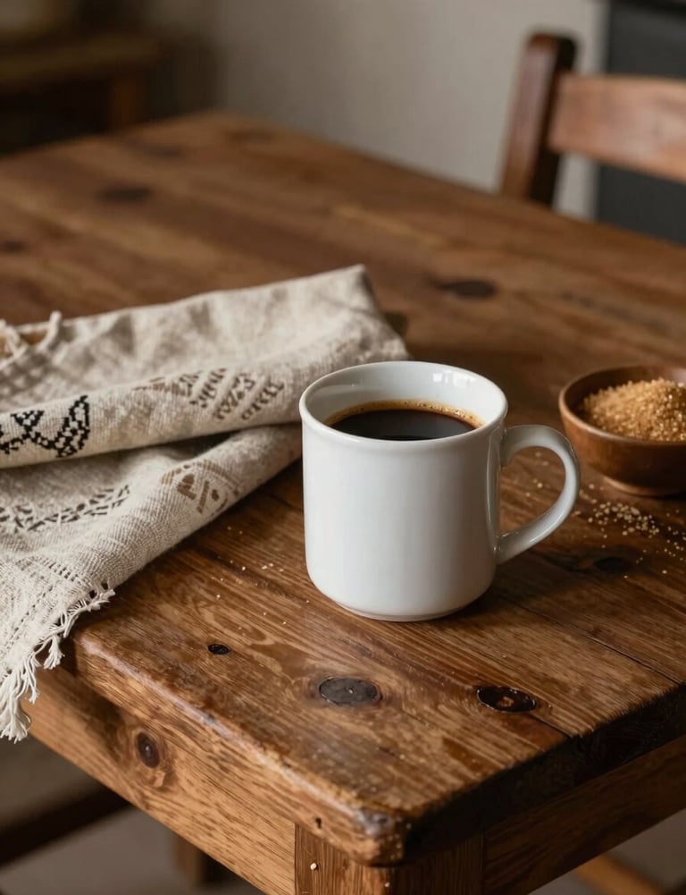 A rustic wooden table in a South American / Latin farmhouse kitchen. A simple white mug of coffee sits next to a handmade linen cloth and a small bowl of raw sugar. Warm, authentic scene.
