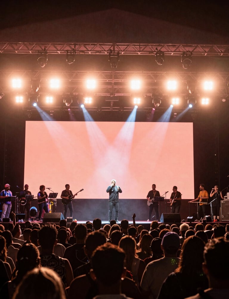 A wide shot of a live concert stage in Venezuela, soft coral stage lights, silhouettes of the crowd, authentic cultural energy.