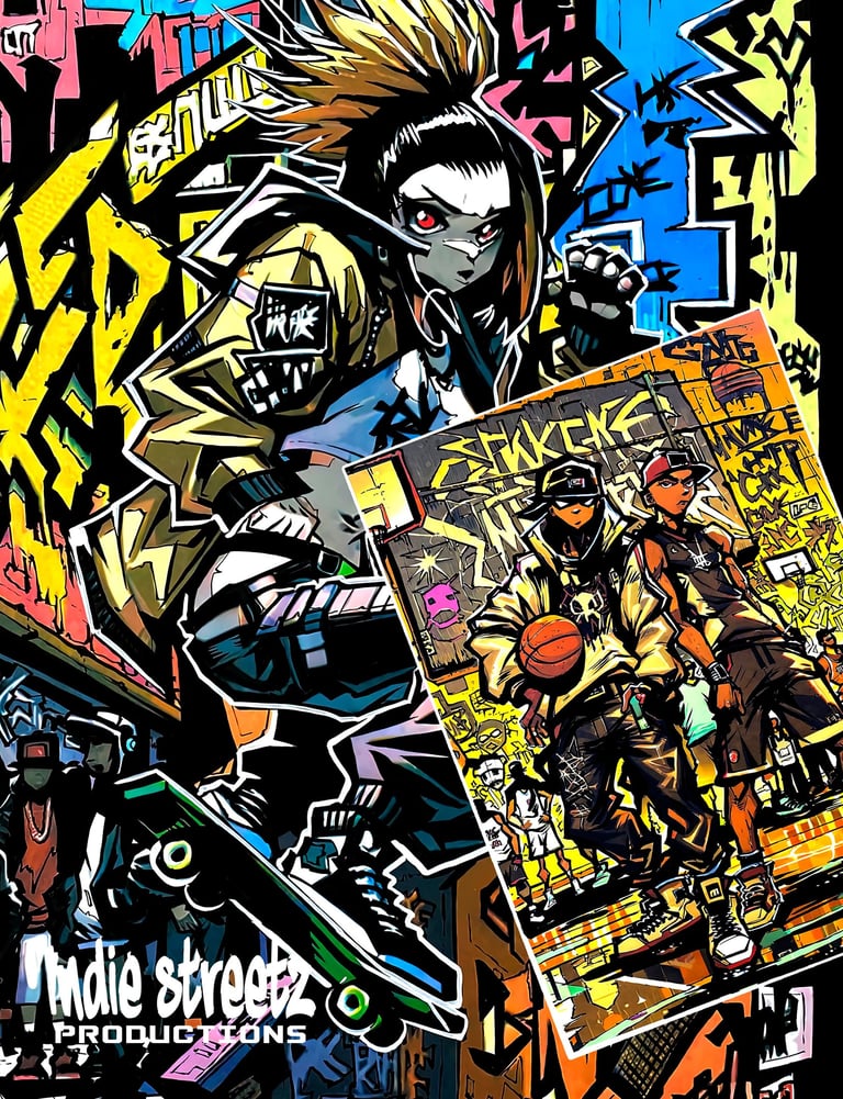 Vibrant street art illustration featuring an anime girl on a skateboard and urban hip-hop characters.