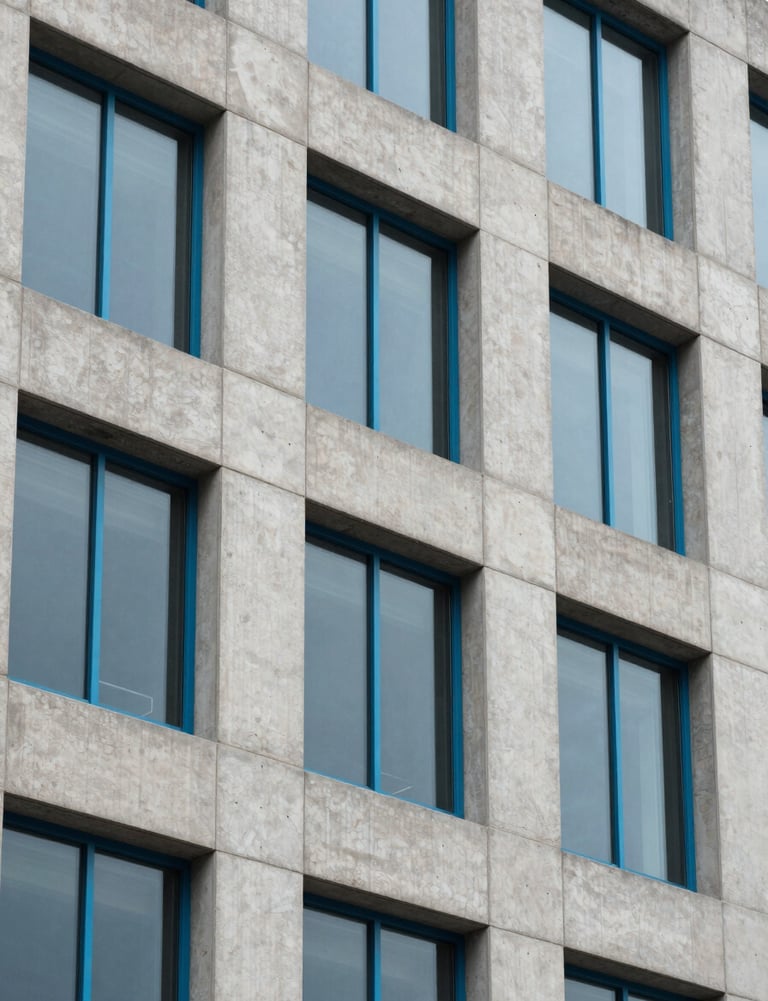 Architecture photography of a modern concrete building facade with cerulean blue window frames, North American / US.