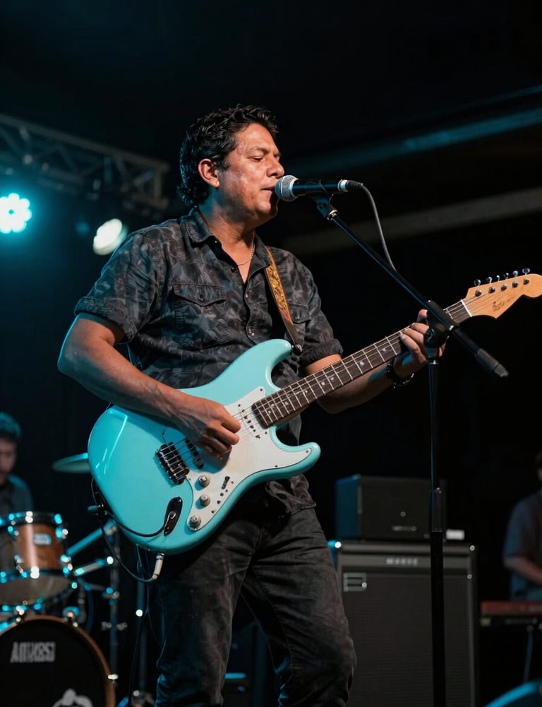 A musician performing on a dark stage, captured from a low angle with intense neon cyan backlighting. South American / Colombian live music venue.