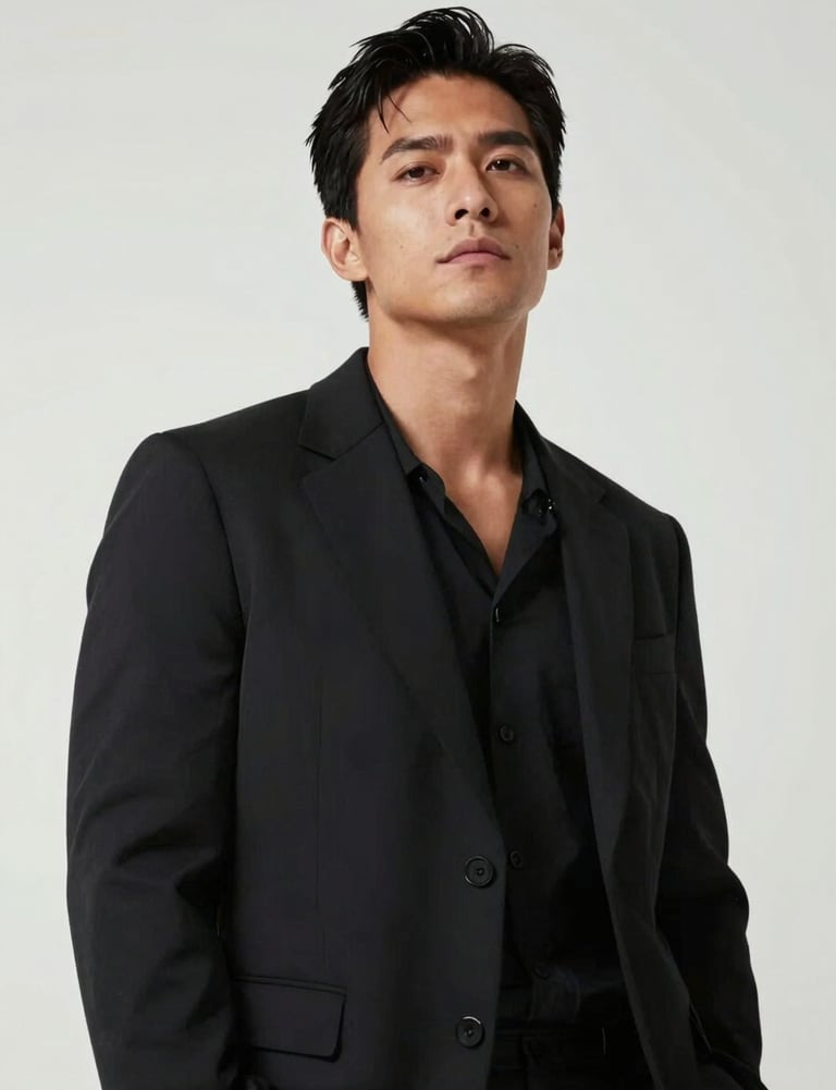 Cinematic low-angle shot of a man against a ghost white background, minimalist fashion, strong charisma, professional studio photography for a South American media kit.