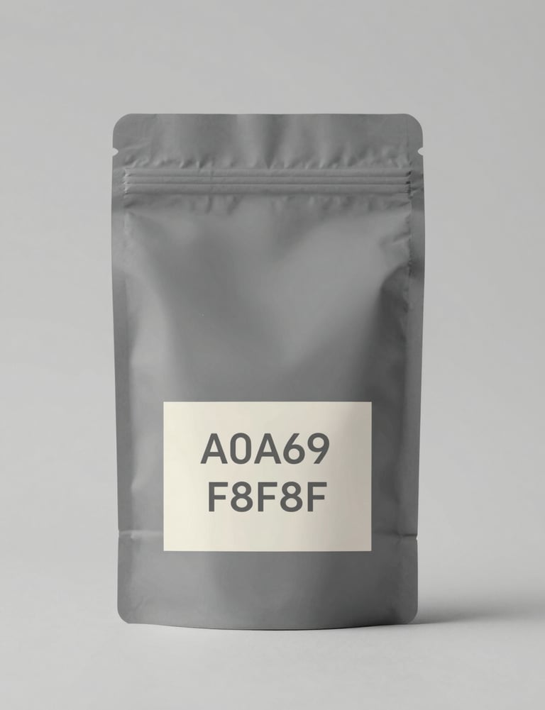 Organic, minimalist food packaging for a sustainable brand. Matte textures in #A0A696 and #F8F8F4, featuring clean sans-serif typography.