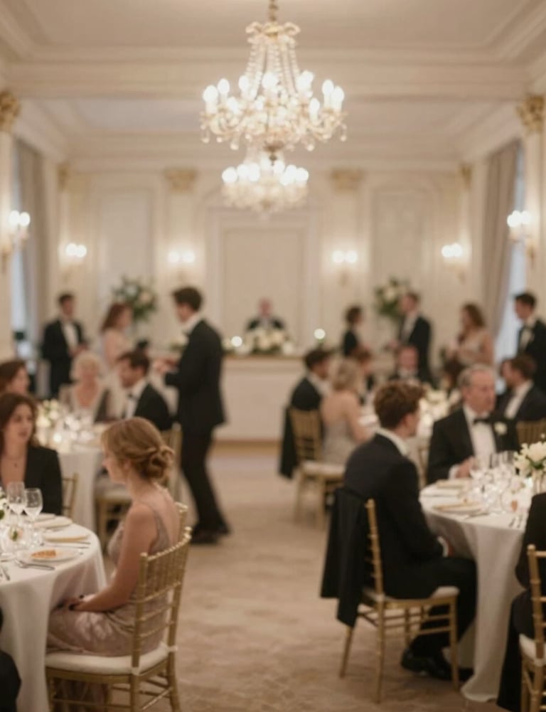Wide shot of an elegantly lit ballroom, guests in motion, storytelling focus, sophisticated atmosphere with #F2F1ED and #8C847E palette.