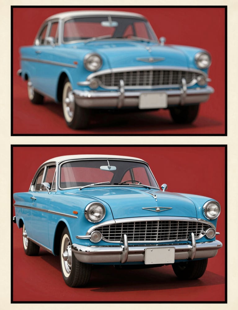 Comic book panel of a classic 1960s car, flat blue #0050B3 and red #D4202B blocks, thick black borders, vintage paper texture #FDFDF5.