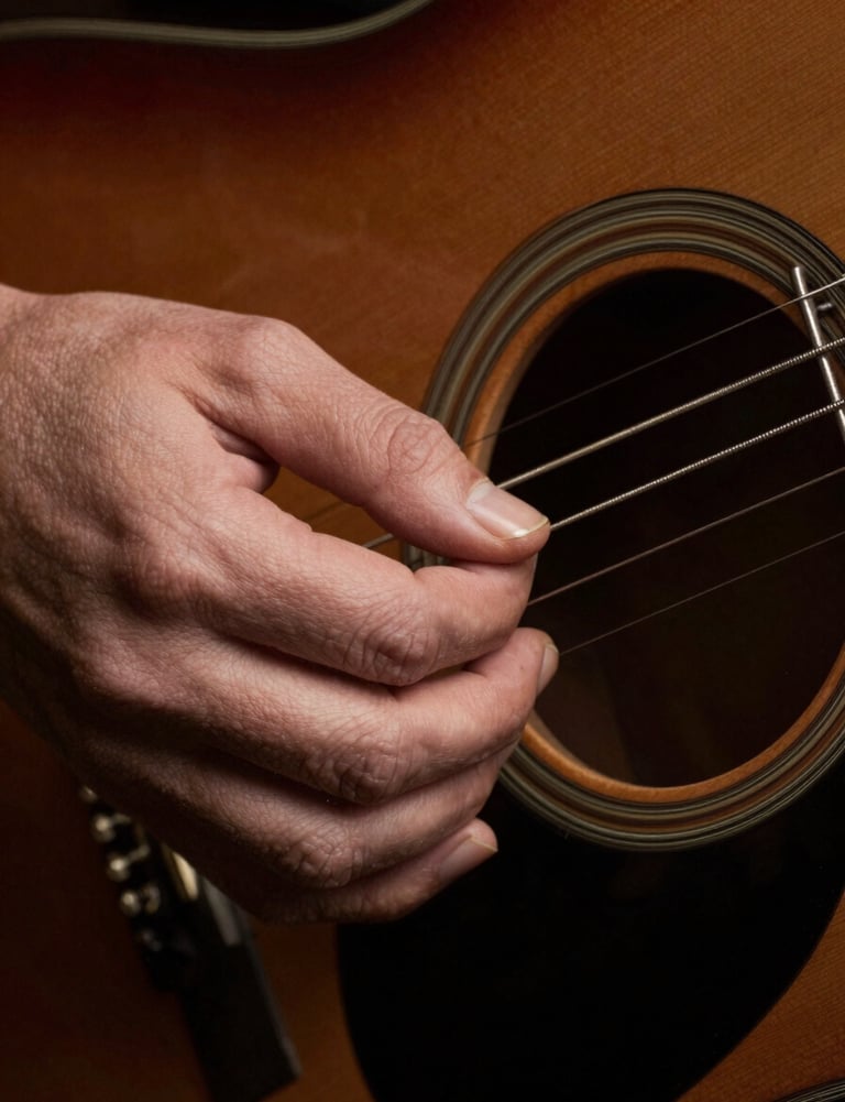 Detailed close-up of guitar strings vibrating as they are plucked, sharp focus on the metallic strings against a dark espresso brown background, North American / US.