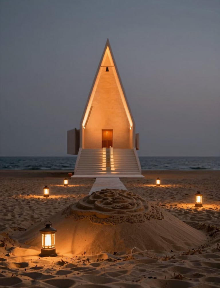Cinematic shot of a sand art installation lit by small lanterns at dusk on a soft sand beach, warm orange glow against deep charcoal grey sky.