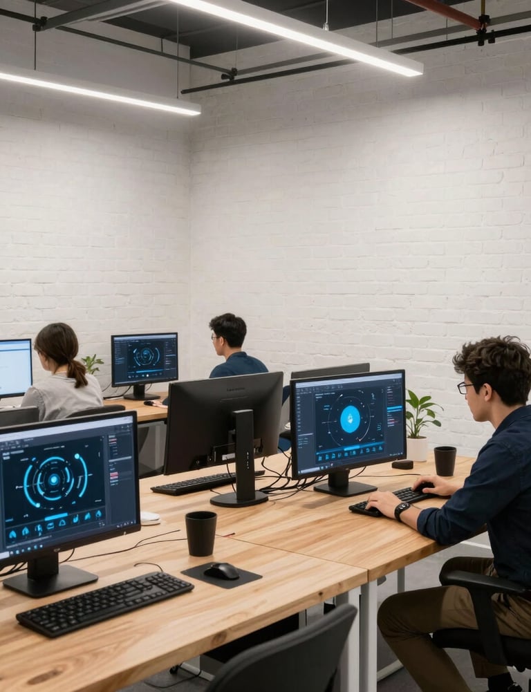 An active open-plan digital tech startup studio in Mexico City, featuring clean white brick walls, sleek wooden tables, and programmers working on advanced safety platforms.