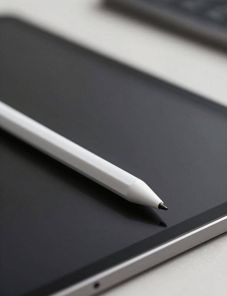 An artistic close-up of a digital stylus resting on a tablet, with Mist Grey and Charcoal Black colors in a professional North American / US workspace, shot with a shallow depth of field.