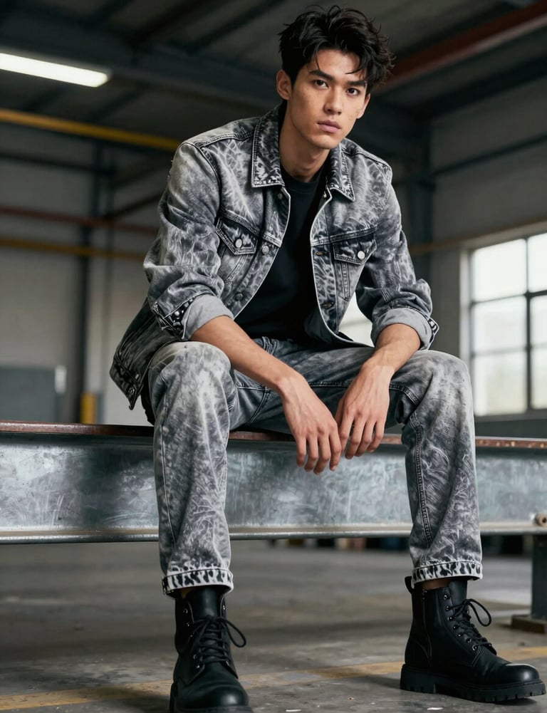 Male model sitting on a metallic beam in an industrial space, wearing heavy denim, Silver Grey and Jet Black color palette.