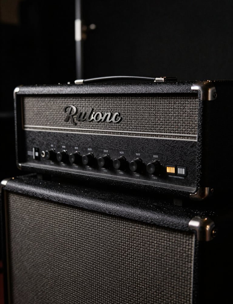 A close-up of a vintage amplifier glowing faintly in the dark, conveying a raw rock-and-roll vibe. Dark aesthetic with subtle gray and light gray accents. Western European / Dutch backstage setting.
