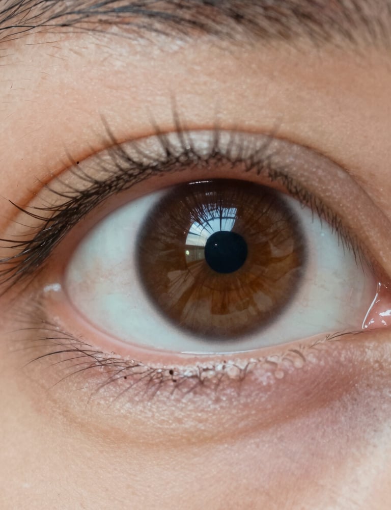 Macro shot of a human eye reflecting a studio light setup, high detail, high-resolution visual.