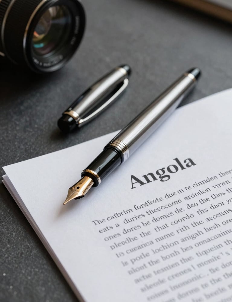 Close-up of a fountain pen and a script titled 'Angola' on a dark slate grey table, elegant and institutional atmosphere.