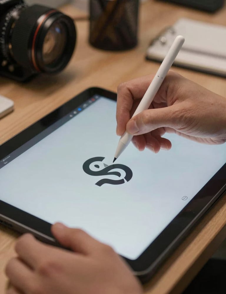 A close-up of a designer's hands using a stylus on a digital tablet to refine a logo design in a North American / US creative studio.