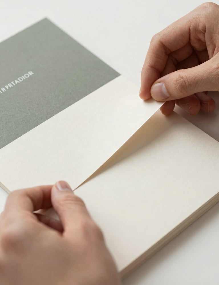Detail shot of a limited edition catalogue being assembled by hand, focusing on sustainable binding materials and refined craft. Palette of #5B7B71 and ivory #F1F4F2.