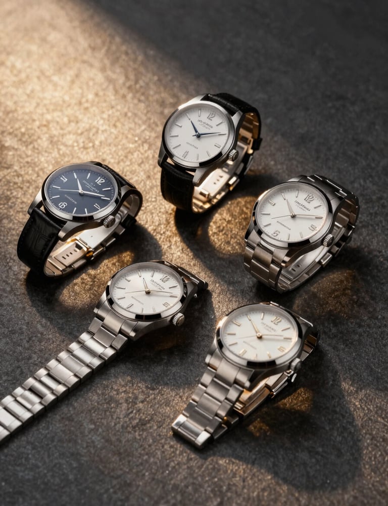 E-commerce product photography of luxury watches arranged on a dark charcoal surface with sharp golden lighting reflections. Premium minimalist aesthetic.