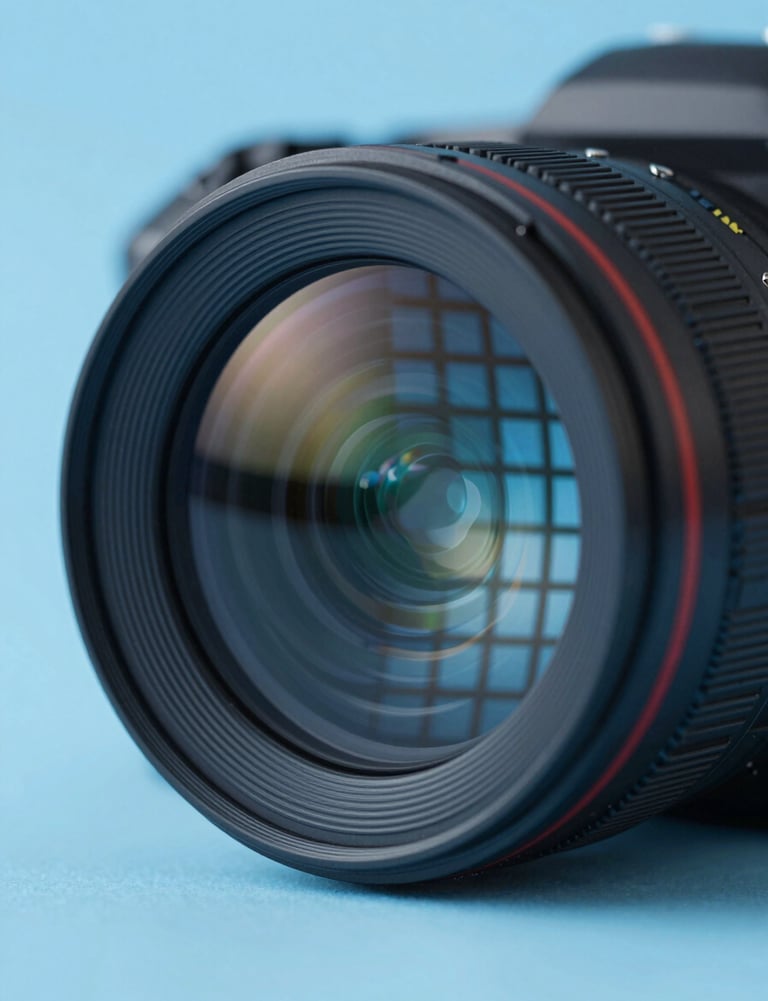 Modern minimalist studio setup showing a camera lens reflecting a digital grid, colors #3D5A80 and #E0FBFC, high technology mood.