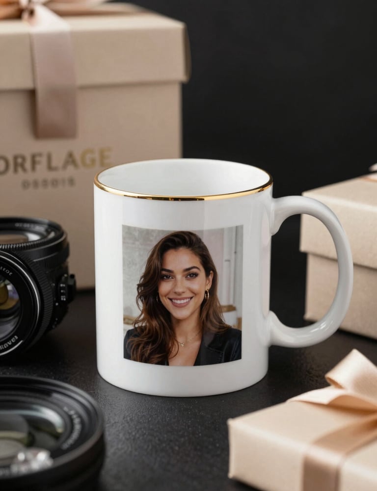 A collection of personalized gift items including a white ceramic mug with a custom photo and a gold rim, luxury aesthetic.