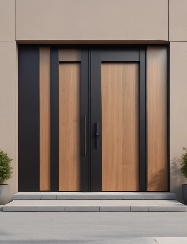 a modern front door with a wooden door and a planter