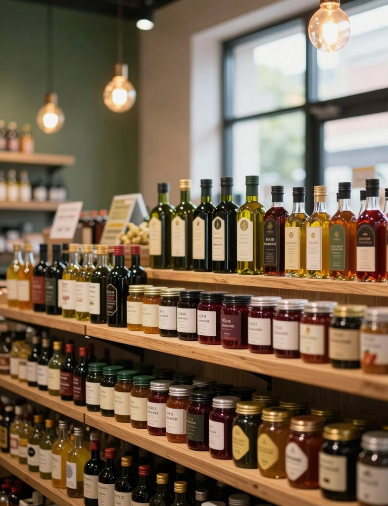 A modern organic food market interior, beautifully arranged wooden shelves with artisanal oils and preserves, warm glowing pendant lights