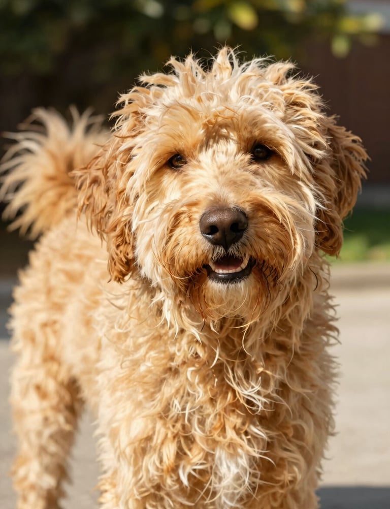 A scruffy, overgrown golden doodle dog with messy fur, looking cute but untidy, warm daylight portrait, 35mm.