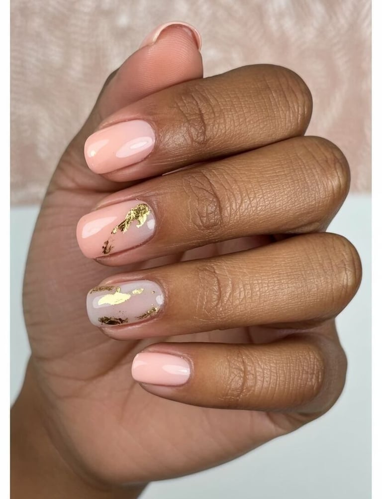 Elegant blush pink and nude nails decorated with gold foil flakes – classy fall nail design idea wit