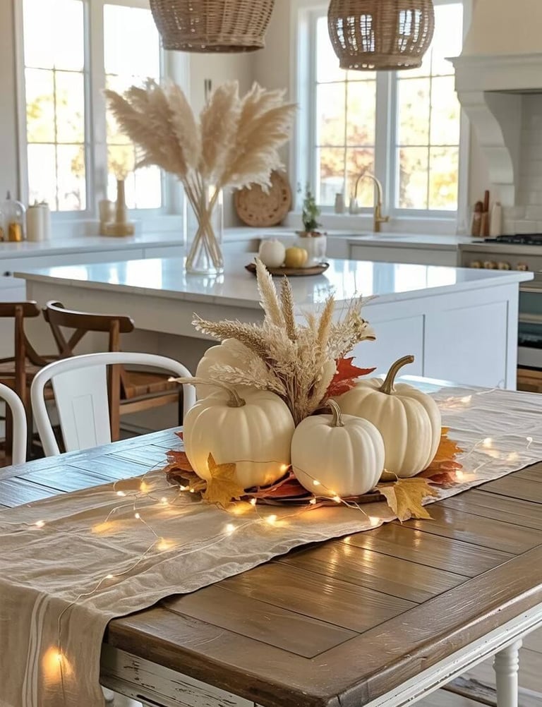 Modern farmhouse kitchen decorated for autumn with white pumpkins, pampas grass, amber fairy lights,