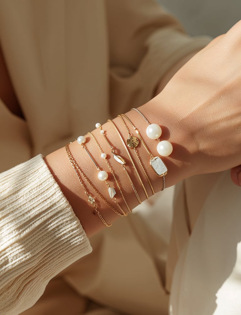 Elegant woman wearing a stack of gold layered bracelets with white pearls and mother of pearl charms.