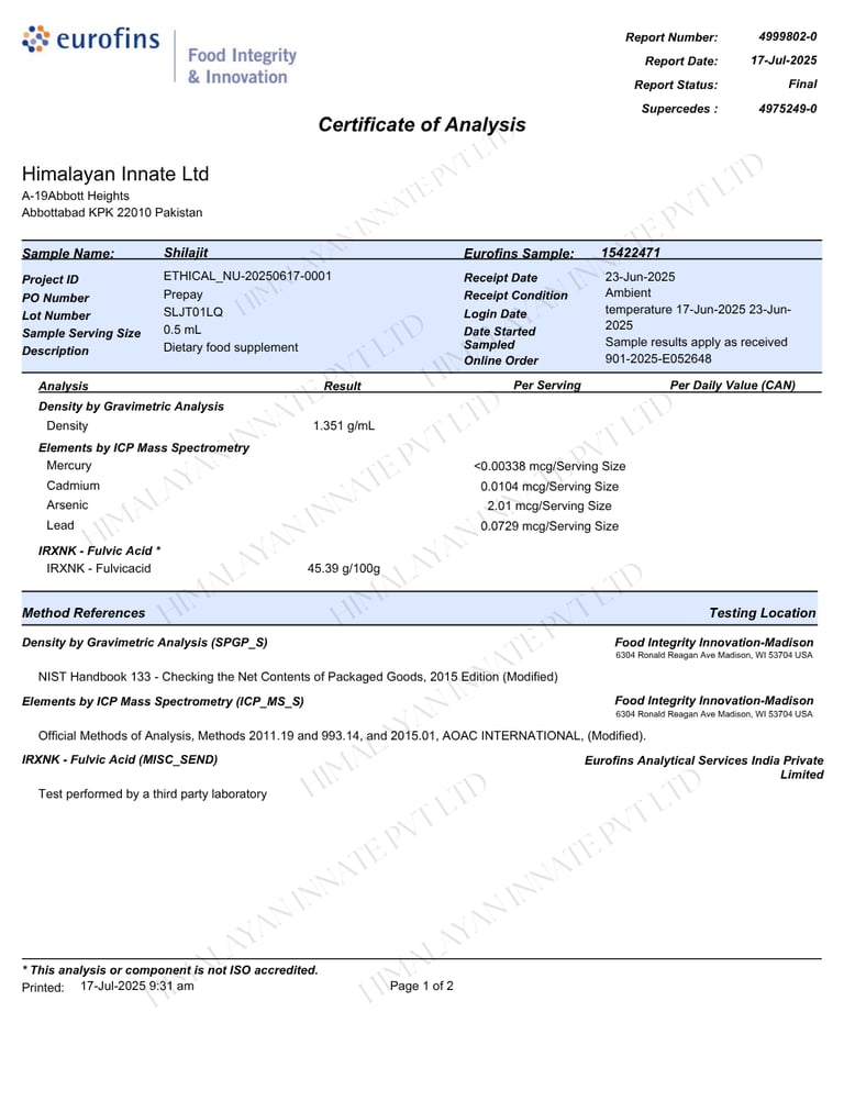 a certificate of analyses from eurofins usa for prime gold shilajit