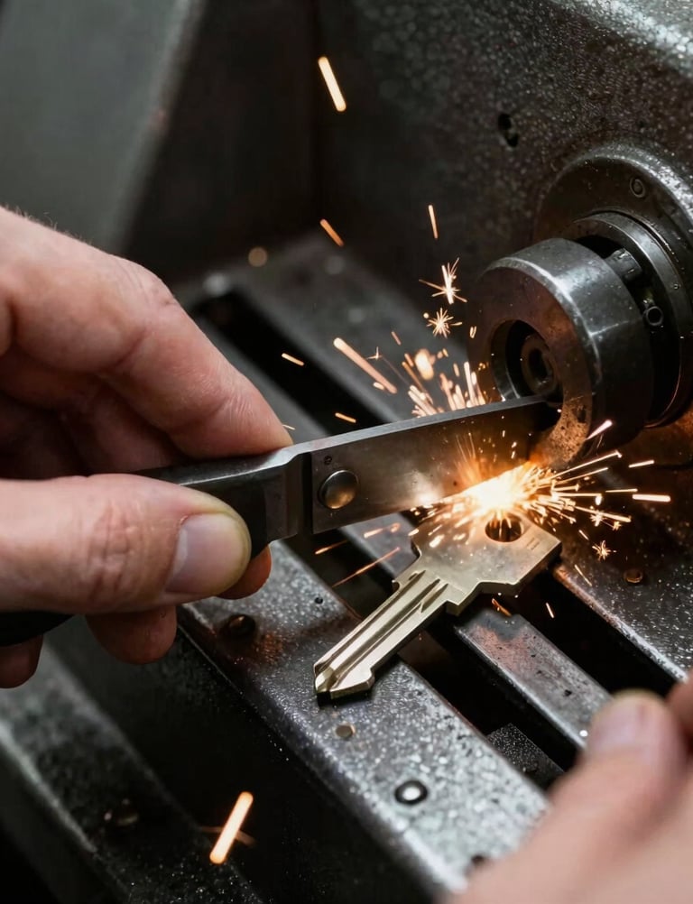 Close-up of hands cutting keys on a machine, sparks flying, high-contrast workshop lighting, metallic textures and deep shadows, sharp focus, 35mm