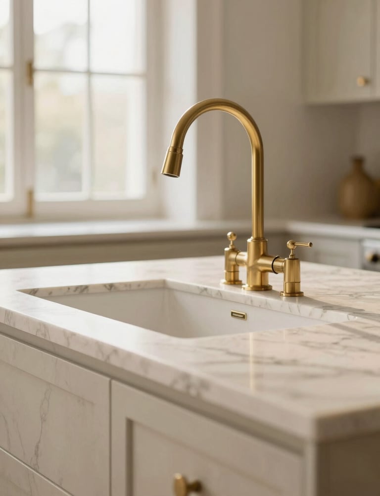 Close-up of a bespoke kitchen island in veined marble, brushed brass faucet, warm morning light, architectural detail, shallow depth of field