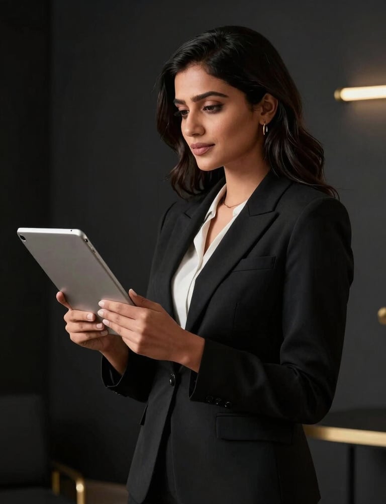 A sleek black and gold minimalist desk setup with a vintage microphone and fashion sketches.
