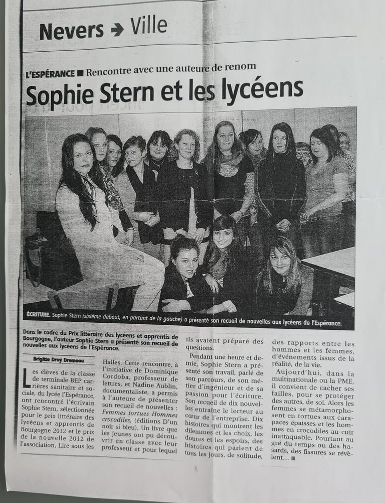 Article journal, Sophie Stern et lycéennes, nouvelliste, romancière
