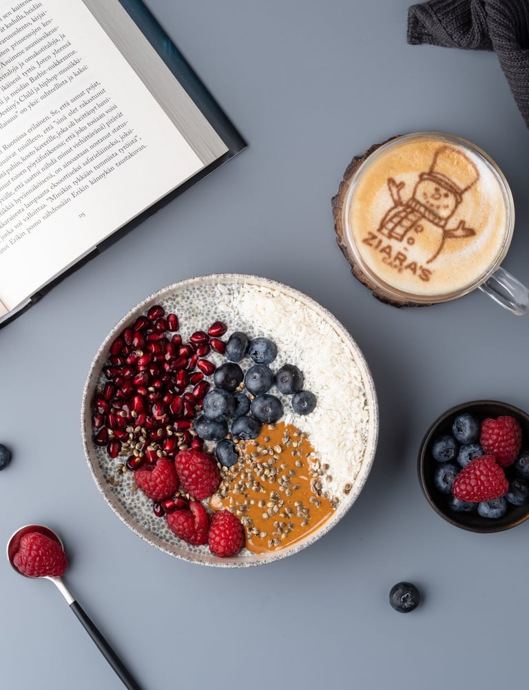 a bowl of fruit and a cup of coffee